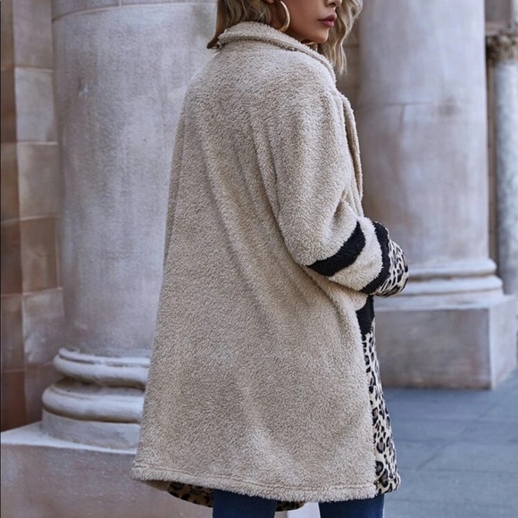 Leopard print teddy jacket trench coat faux fur - Picture 2 of 3